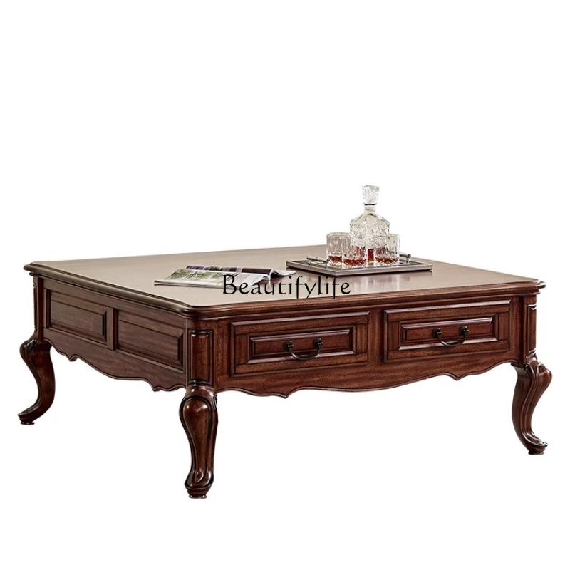 

American Style Solid Wood Coffee Table Black Walnut Living Room Square Drawer Large Coffee Table