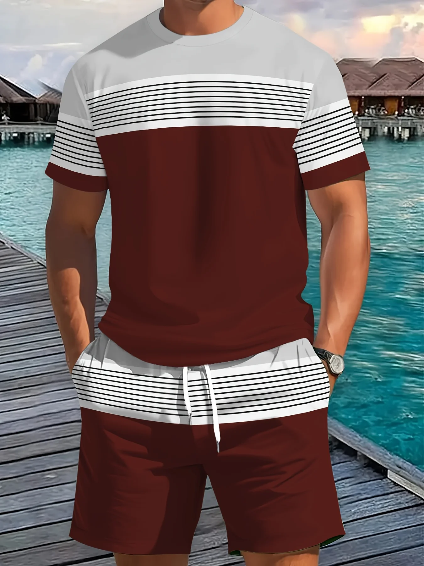 New Summer Men's Sportswear Striped Short-Sleeve T-Shirt Set Two-Piece Outdoor Travel Apparel Relaxed-Fit Shorts Training Wear