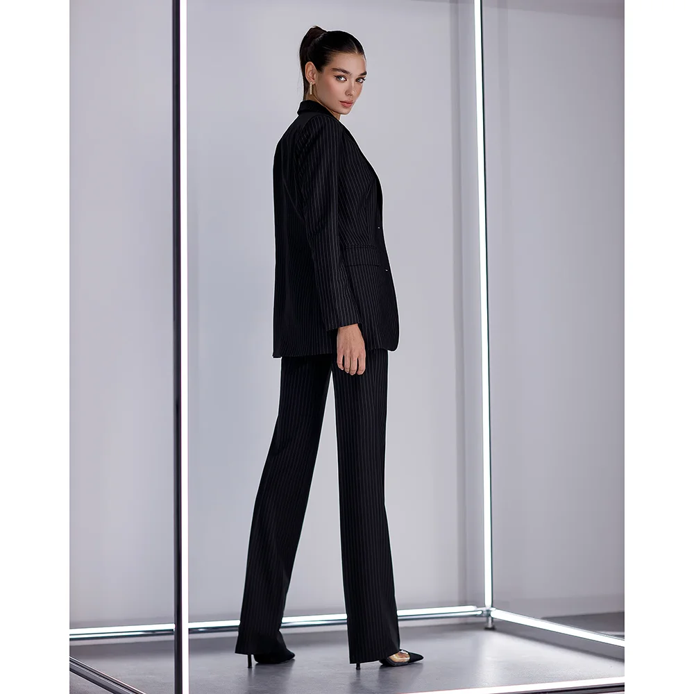 Fashion Black Pinstripe Women Suits Two Piece Formal Single Breasted Business Casual Office Lady Pants Sets (Jacket+Pants)