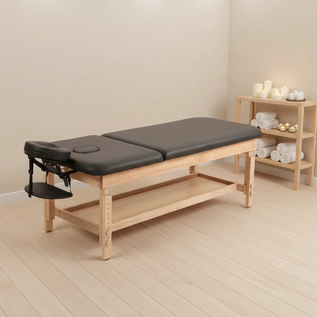 Heavy-Duty 2-Section Sturdy Wooden Spa Bed Adjustable Height, Storage Shelf, Face Cradle For Salon & Clinic Use