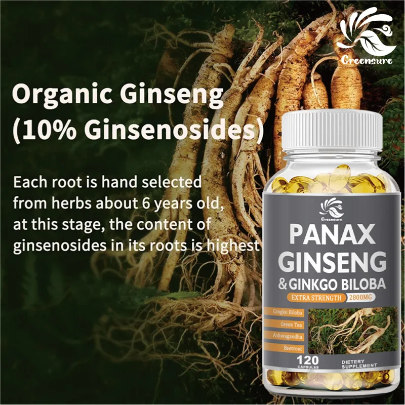 Panax Ginseng & Ginkgo Biloba-Kapseln für Energie-Stiamina und Gehirnentheugen mit Ashwagandha