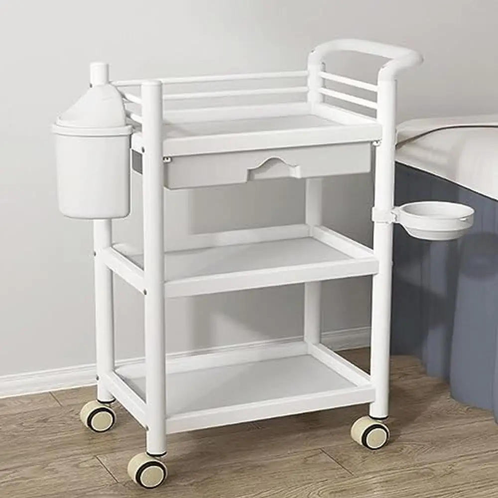 

3-Tier Spa Mobile Trolley Cart Salon Utility Cart with Drawer and Basin Beauty Treatment Room Organizer Nail Tech Esthetician