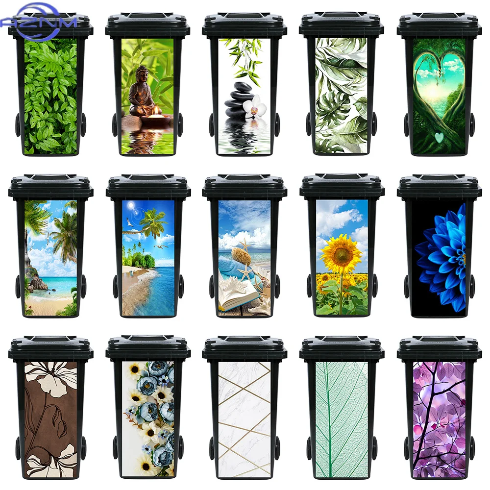 Green Plants Flower Trash Can Sticker Waterproof Outdoor Trash Can Seaside Scenery Decorative Mural Decals Garbage Bin Sticker