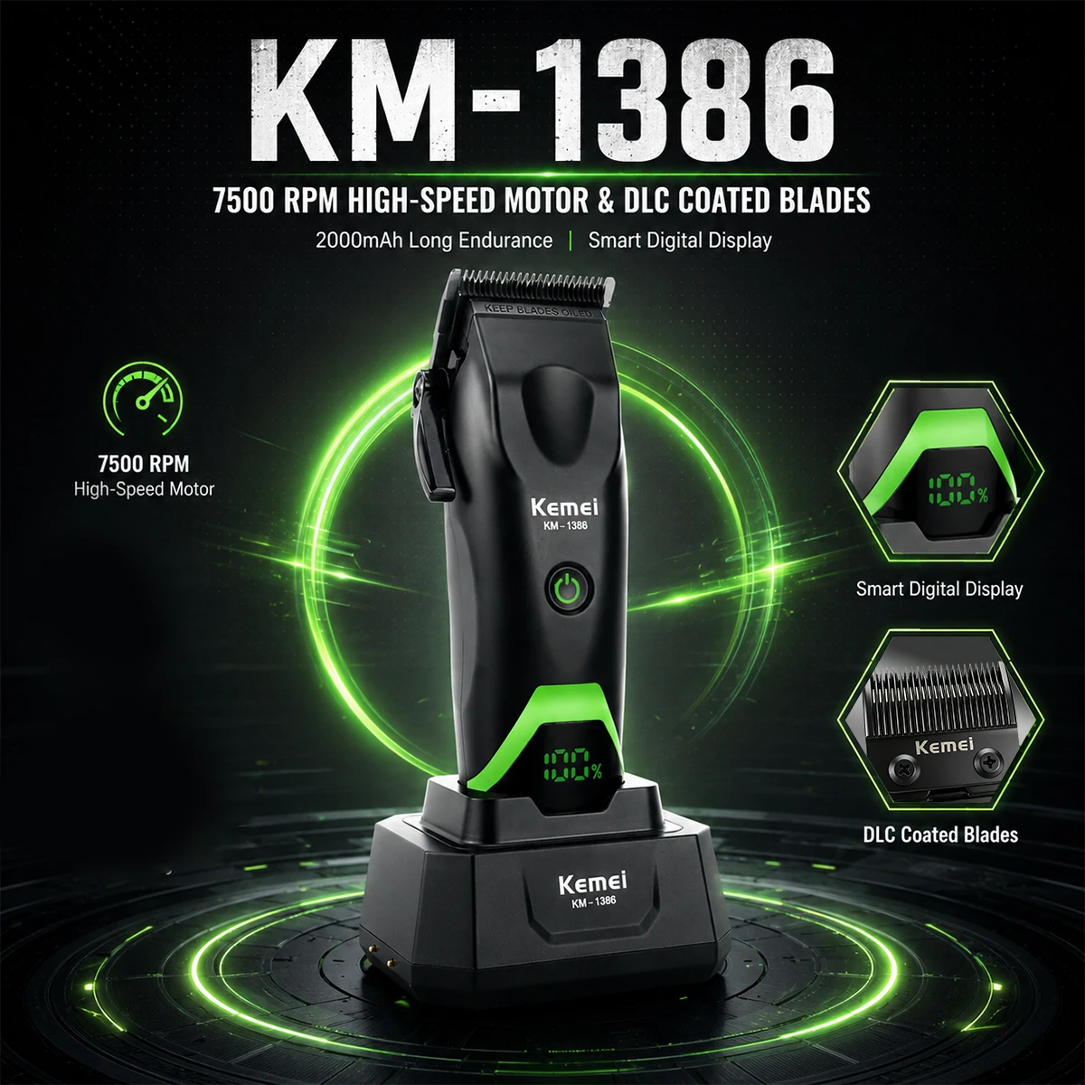 Cortador de Cabelo Profissional Kemei KM-1386 8000RPM com Lâmina DLC, Carregador de Base, Display LED e Bateria de 2000mAh – Máquina de Cortar Cabelo Masculina para Barbeiros