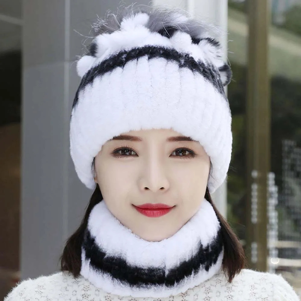 2025 100% حقيقية ريكس الأرنب الفراء القبعات طقم أربطة عنق سيدة الدافئة محبوك الشتاء الفراء الحقيقي قبعة الدافئة ريكس الأرنب 2 قطعة قبعات الفراء وشاح #5