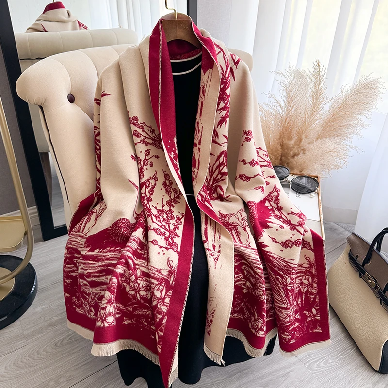 Women Winter Cashmere Scarf White Crane and Bamboo Forest Pashmina Luxury Brand Shawls and Wraps Bufanda Echarpe Warm Blanket