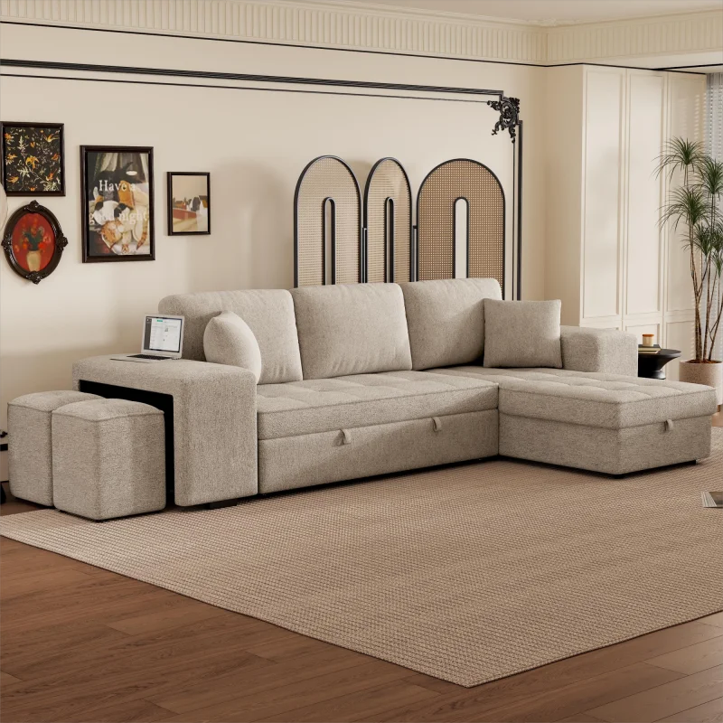 Modern L-shaped cream three-seater double stool can be pulled out double bed double-sided use combination