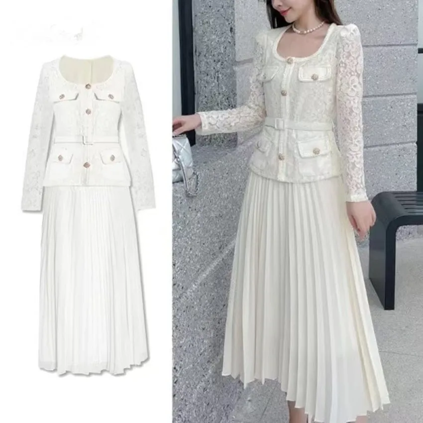 High Quality Runway White Lace Patchwork Square Collar Single Breasted Pockets Pleated Midi Dress Elegant Office Lady Robe