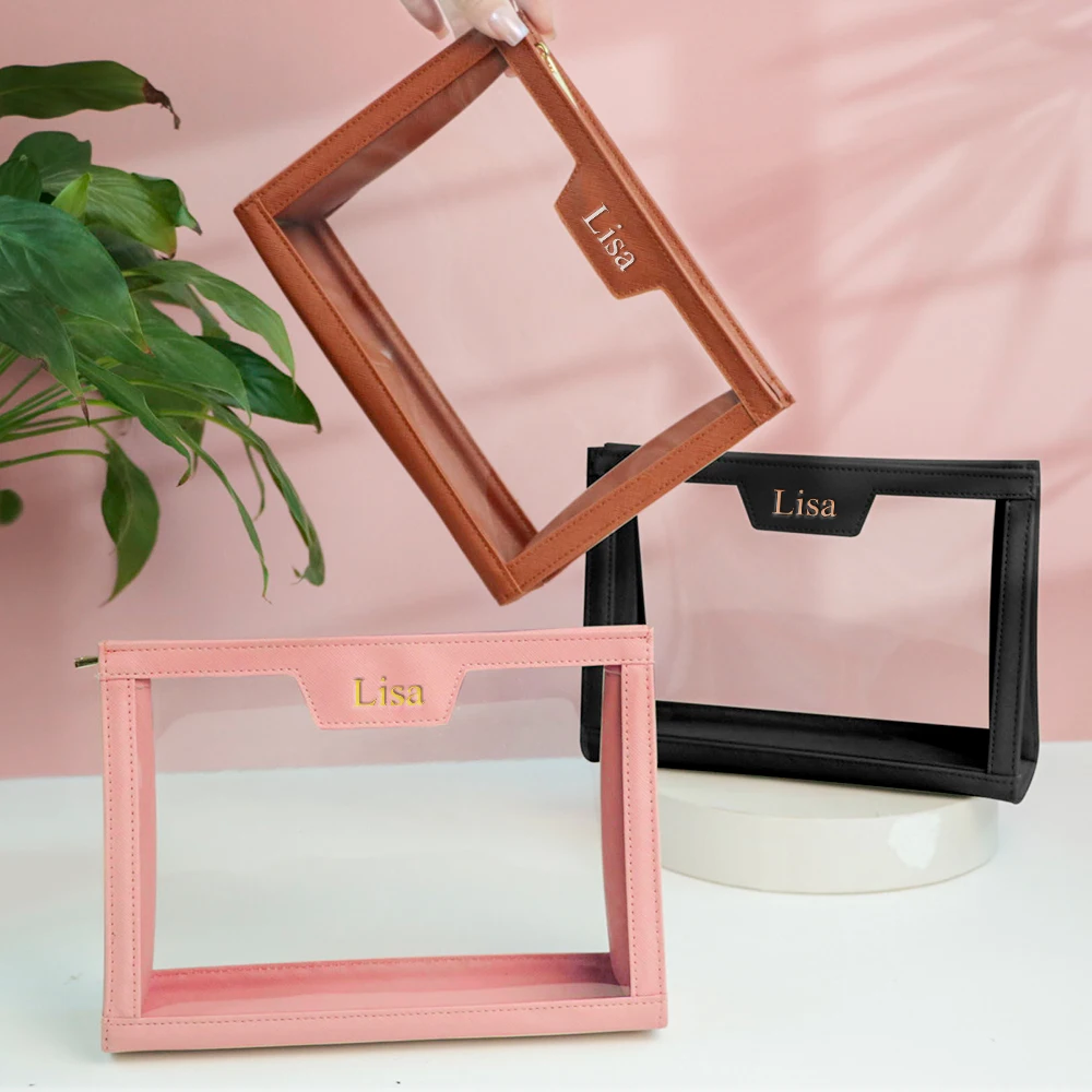 حقيبة تخزين للعناية بالبشرة ذات اسم مخصص، جلد PVC مقسم، حقيبة مكياج مقاومة للماء ذات سعة كبيرة للسفر، حقيبة أدوات الزينة