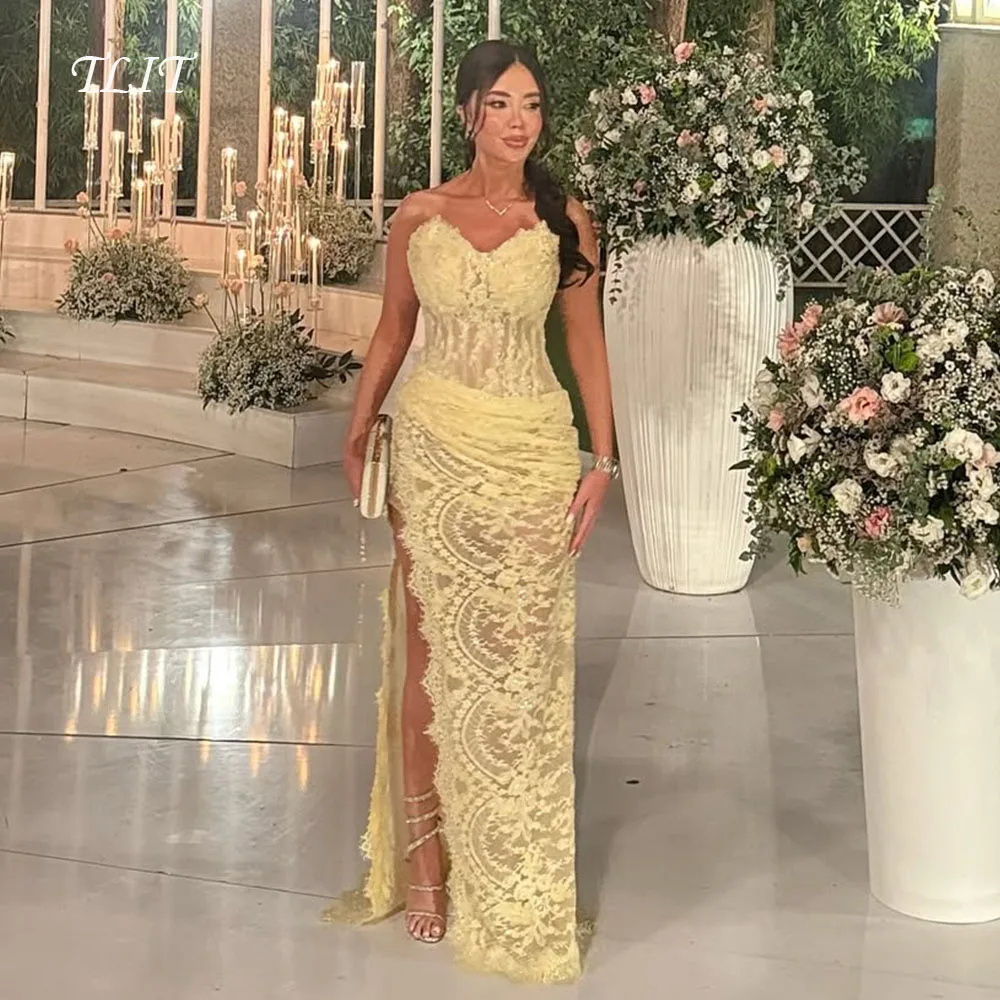 TLIT-vestidos de noche elegantes de sirena de encaje amarillo, personalizados, Sweetheart, lado alto, sin mangas, plisados, vestidos de graduación
