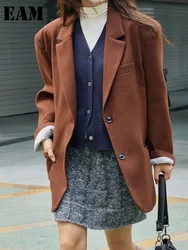 [EAM] Loose Fit Orange Vintage Big Size Woolen Coat New Lapel Long Sleeve Women Jacket Fashion Tide Autumn Winter 2024 1DH2263