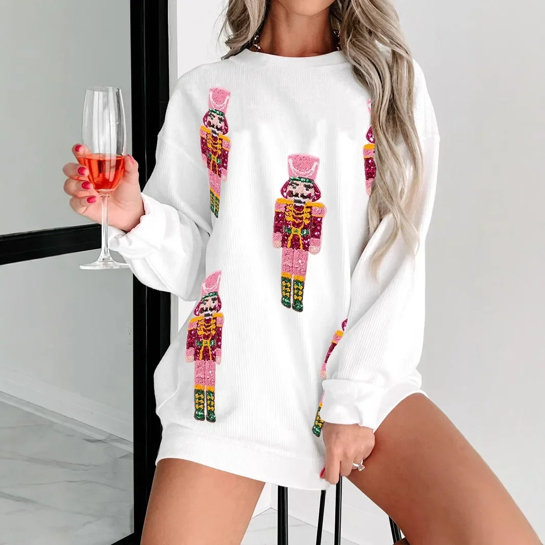 

Christmas Hoodie Woman Streetwear Fashionable and Versatile Bead Round Neck Long Sleeve Loose Tops Female 2024 Autumn/Winter