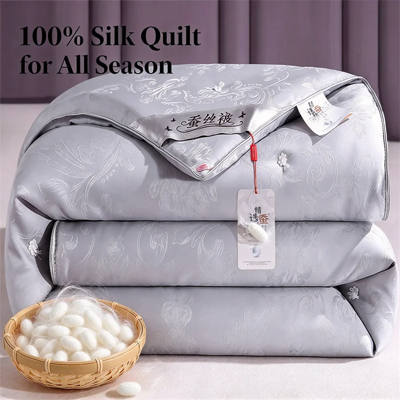 Natural Silk Quilt Luxury 100% Mulberry Silk Filling Quilt with Jacquard Cotton Cover Soft Breathable Duvet All Season Comforter
