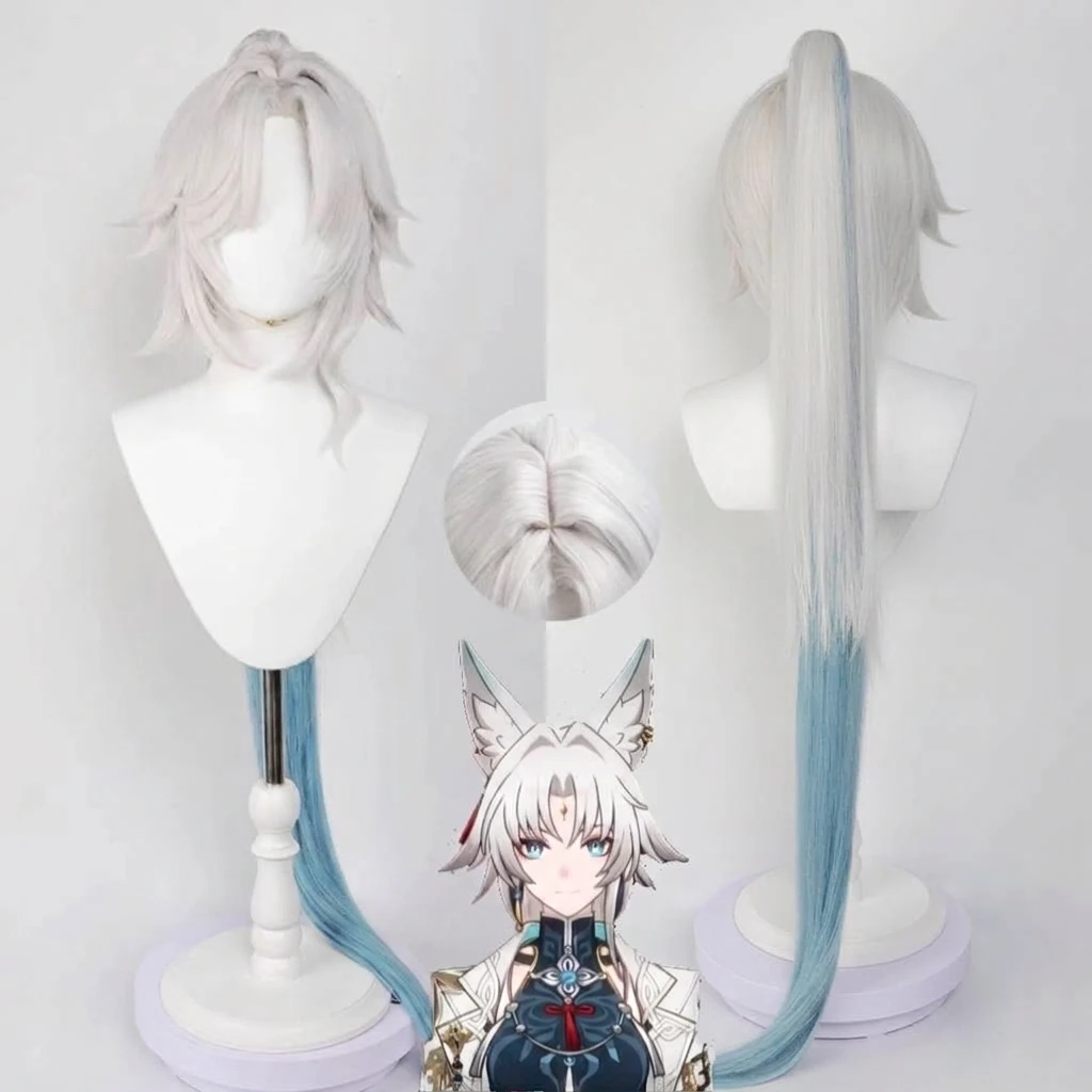 Honkai Star Rail Cosplay Wig HSR Feixiao Clip-on Ponytail Wig Grey Blue Gradient Pre-styled Heat Resistant Synthetic Wig