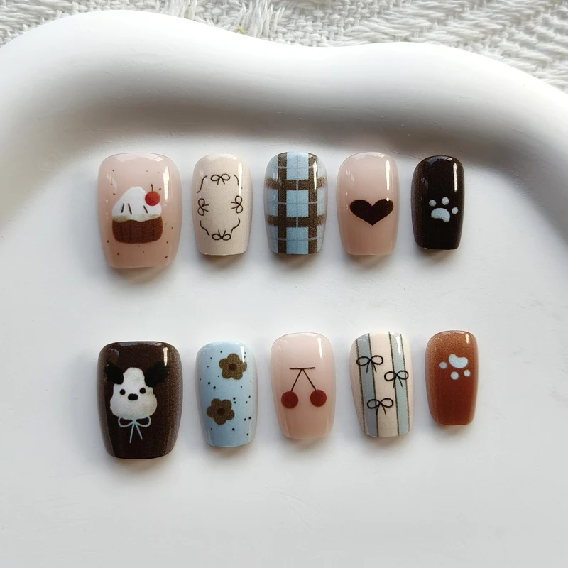 10Pcs Korean Style Cute Bear and 3D Bowknot Half Handmade Press on Nails INS Trend Lovely Blue Plaid Nail Patch Fake Nails view 4