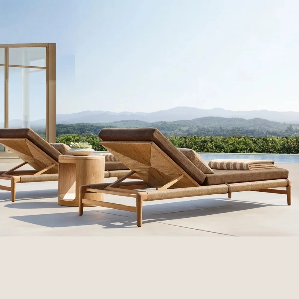 *High-End Solid Wood Modern Minimalist Waterproof Outdoor Furniture Daybed Beach Lounger Comfortable Sofa Removable Cushion Use