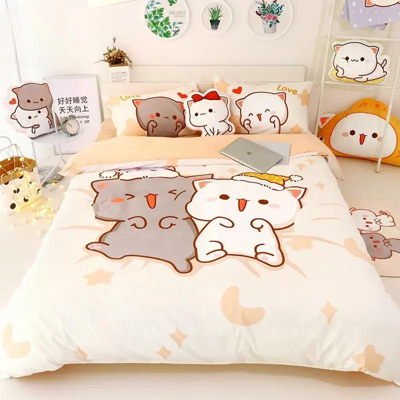 2024 New Bubu Honey Peach Cat Cartoon Cat 4-piece Set Of Pure Cotton Bedclothes Bed Sheets Quilt Covers All Cotton Lovers Set