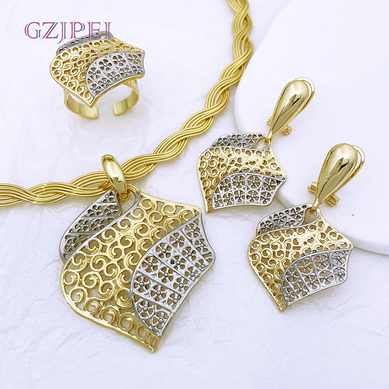 Elegant Italian Dubai Jewelry Sets Luxury Design Full Set Party Jewelry Two Tone Necklace Earrings Bracelet And Ring