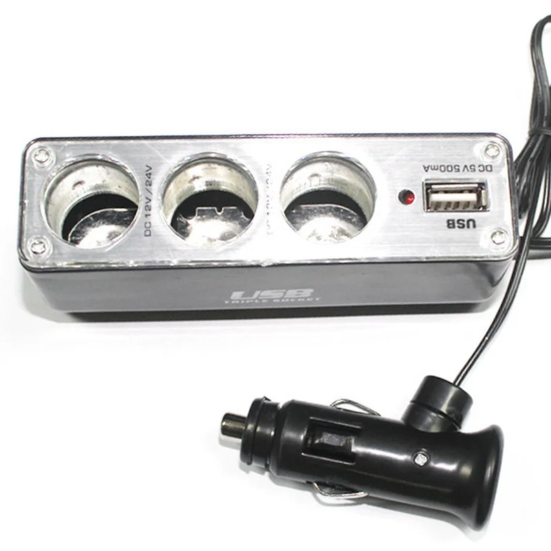 Hot 3 Way Multi Socket Car Cigarette Lighter Splitter USB Plug Charger DC 12V/24V Triple Adapter with USB Port  BX