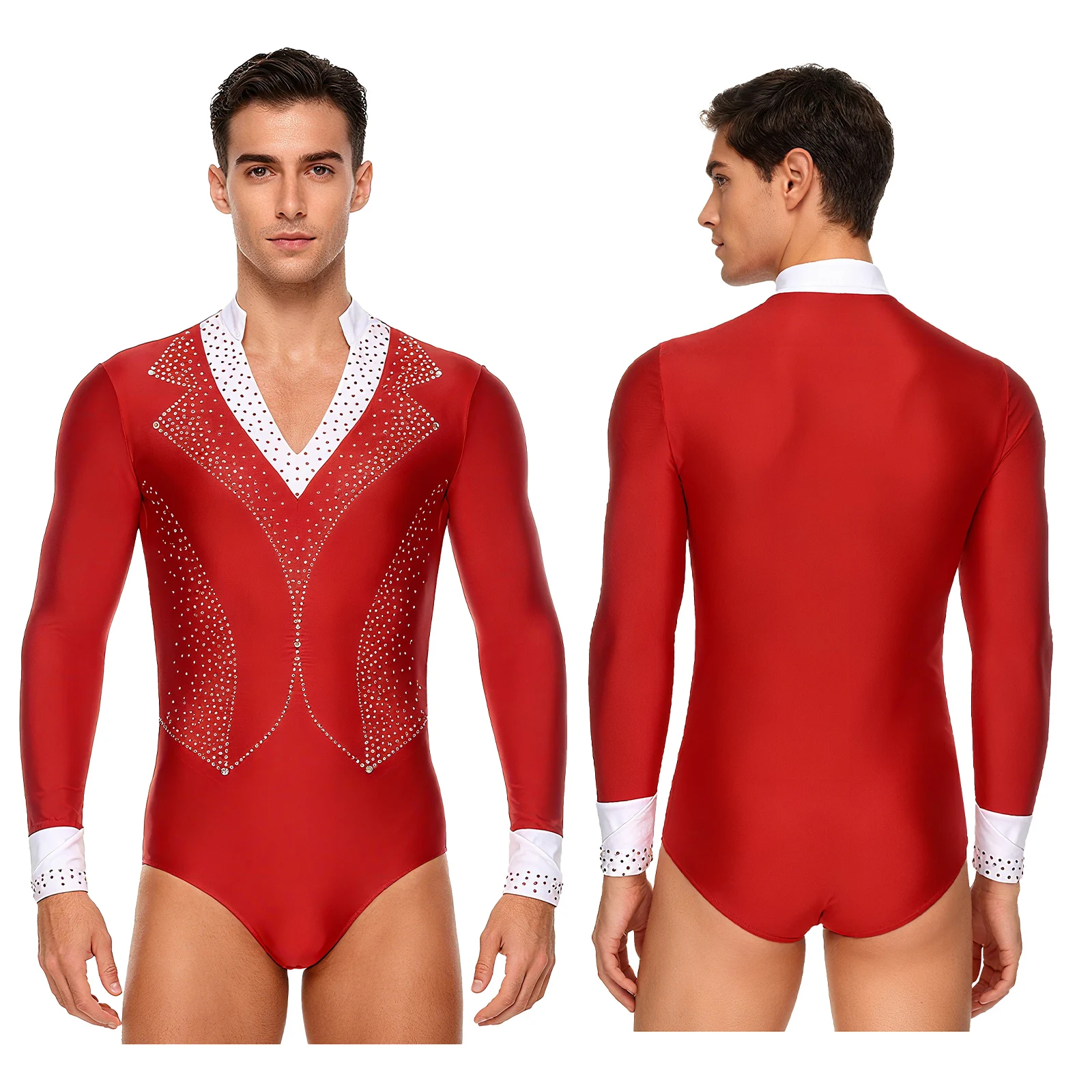 男性ラテンダンスチャチャレオタード長袖光沢のあるラインストーンボディスーツフィギュアスケートバレエタンゴ社交サンバルンバ用