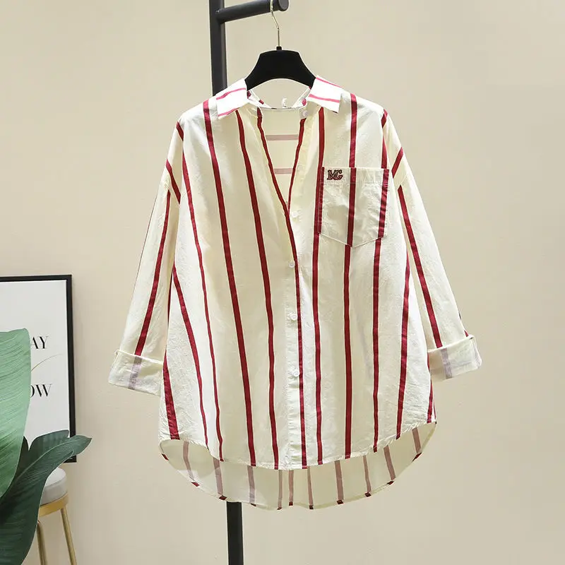 Summer Women\'s 2024 New Patchwork Turn-down Collar Button Striped Pocket Fashion Loose Minimalist Casual Long Sleeved Shirts