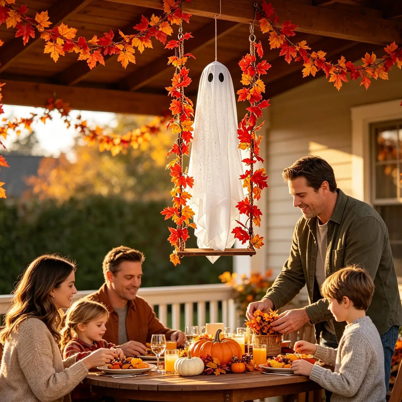 Swinging Ghost Outdoor Decor Light Up Large Hanging Ghost with String Lights for Porch Garden Patio Halloween Party Supplies