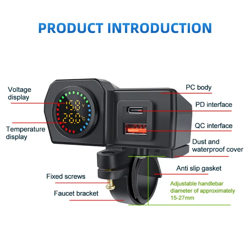 Color Display Dual QC3.0 PD Motorcycle Charger Fast Charging Voltmeter Thermometer Digital Display Mobile Phone Charger Socket