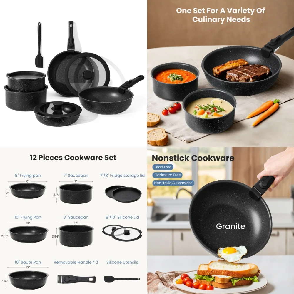

Cookware Sets12pcs Non Stick Cookware Set with Detachable Handle Pots and Pans for Kitchen
