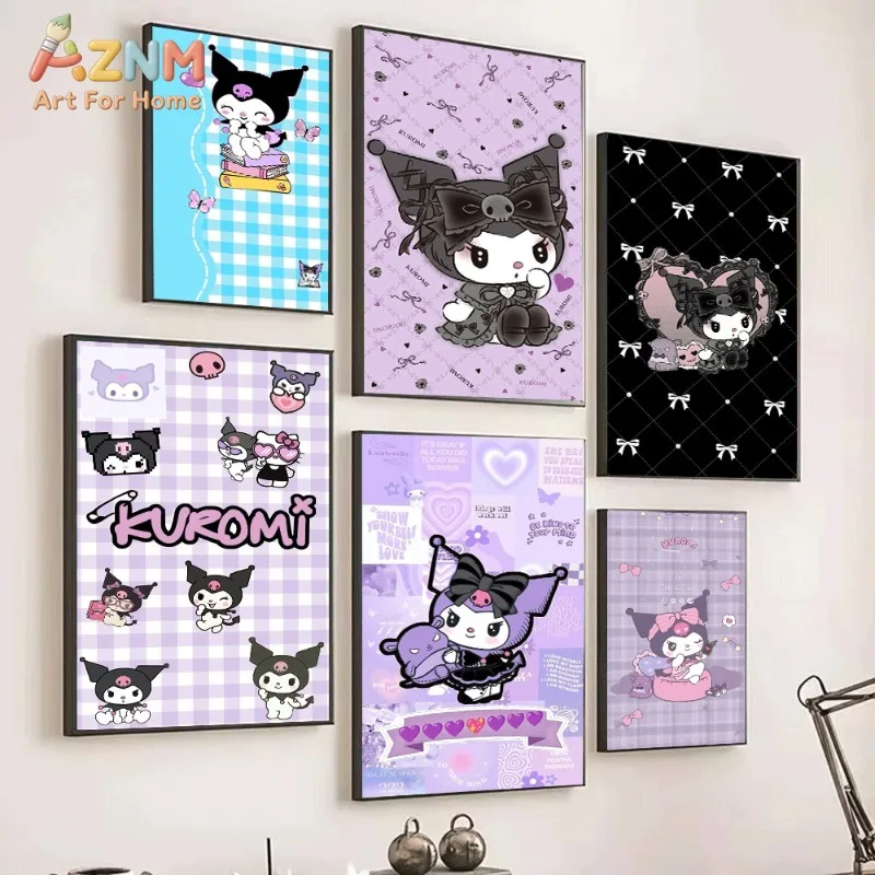 Sanrio Kuromi Blue Gingham Book Stack Canvas Wall Print No Frame Cute Cartoon Devil Character Butterfly Pastel Girly Kids Bedroo