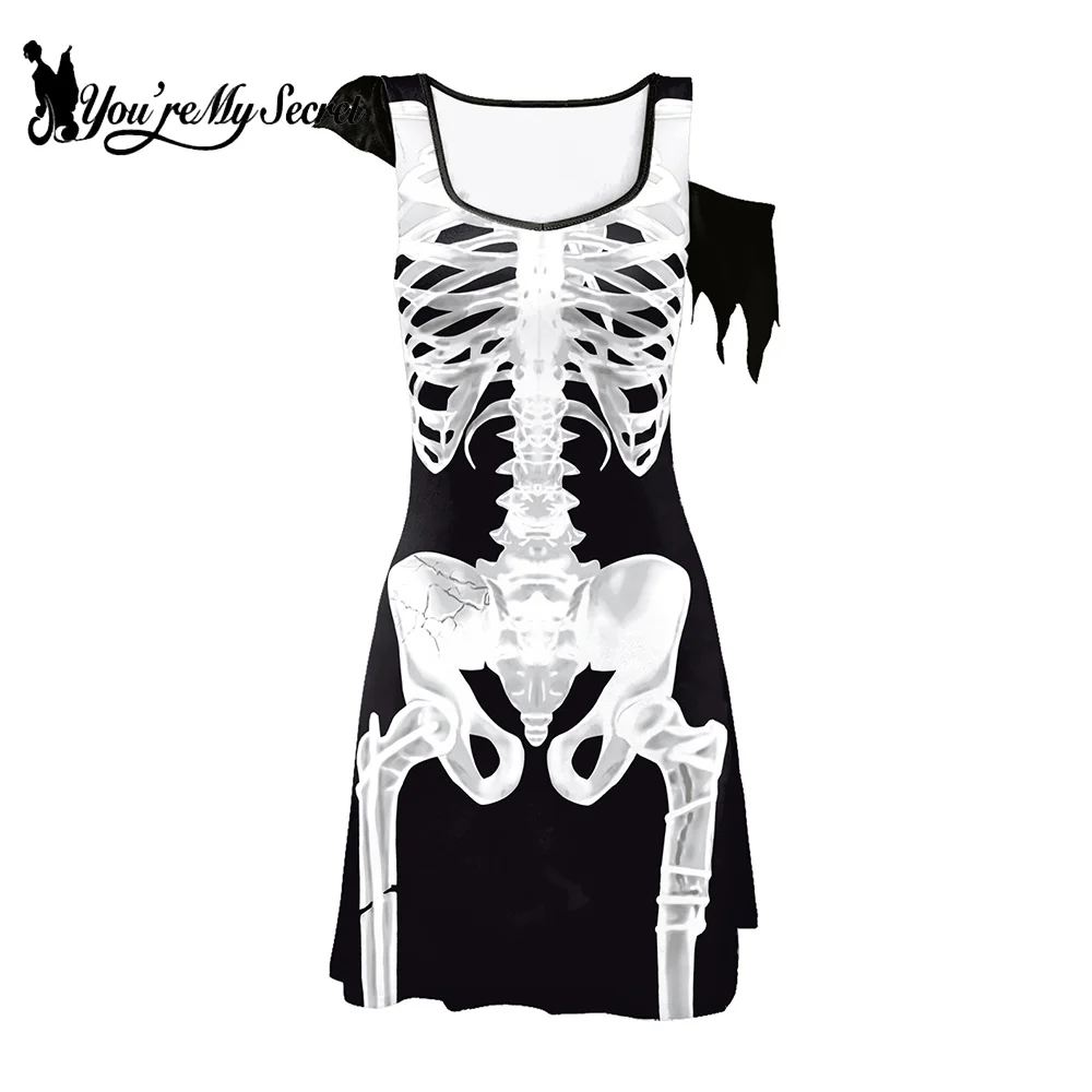 [You're My Secret] Women 3D Skeleton Print Dress Halloween Skull Costume Short Sleeve Black Dresses Holiday Fancy Party Clothing