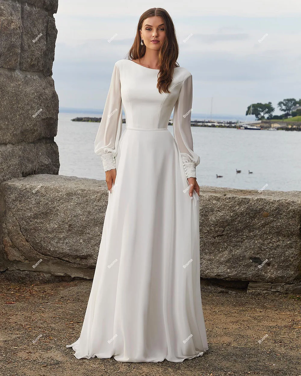 Booma Chiffon a-line abiti da festa di nozze per le donne abito da sera a maniche lunghe con bottoni abiti lunghi da sposa vestido de novia