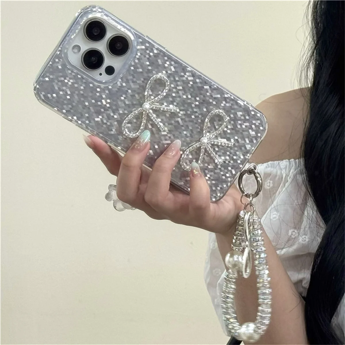 Coreano ins glitter bonito bowknot caso de telefone para iphone 16 pro 15 14 13 pro max capa com alça de corrente casos protetores