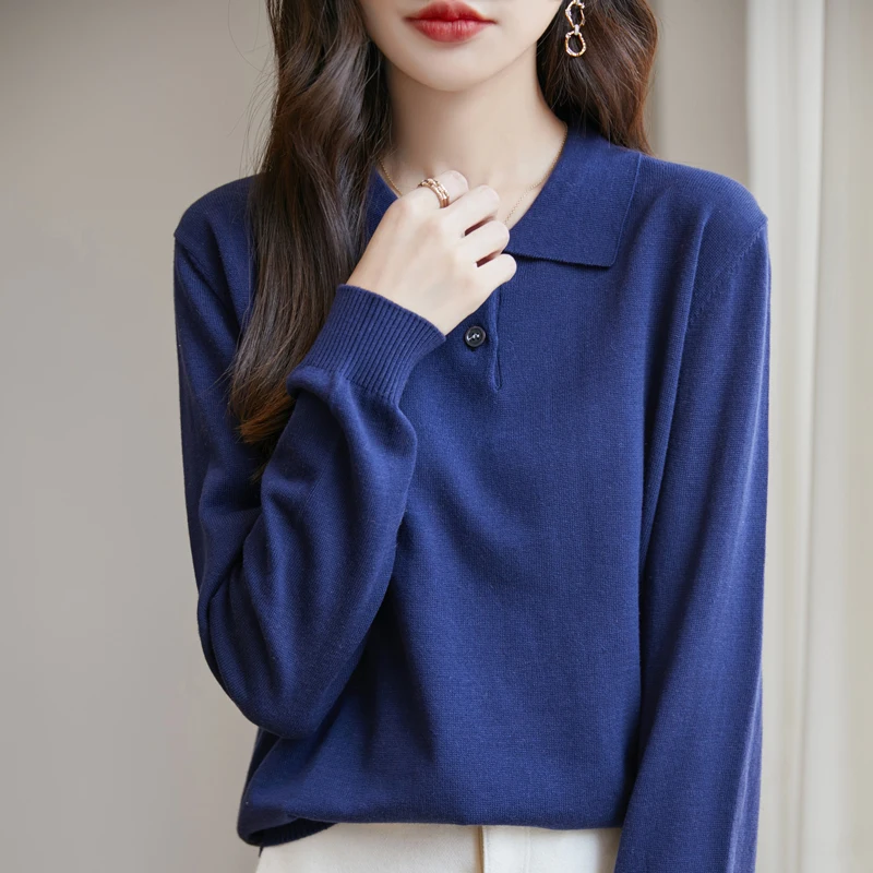 

Women's 100% pure cotton POLO collar sweater casual solid color pullover loose knit long sleeved spring and autumn women's top