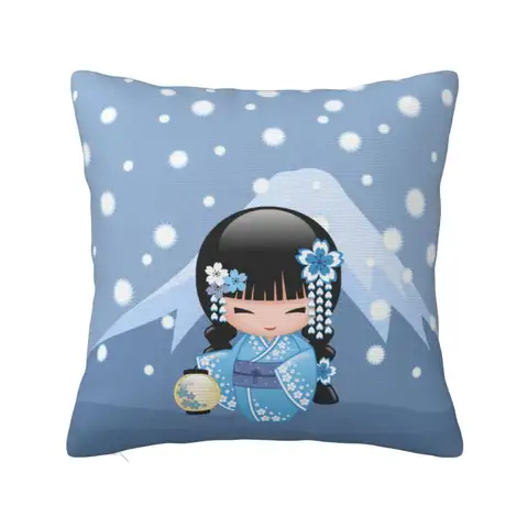 Kokeshi 인형 쿠션 커버, 부드러운 일본 게이샤 소녀 던지기 베개 케이스, 소파 자동차 사각형 베개 케이스, 침실 장식, 40x40cm