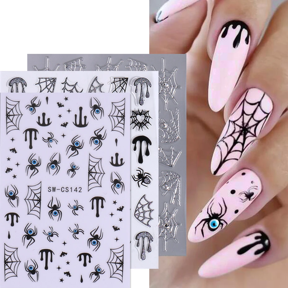 

3D Black Silver Sparkling Light Spider Web Nail Stickers Dark Y2K Star Series Evil Eye Adhesive Nail Decal Design Manicure Decor