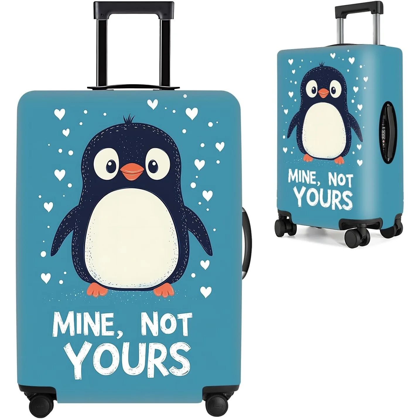 Funny Travel Suitcase Protector with Cute Penguin & Heart Design
