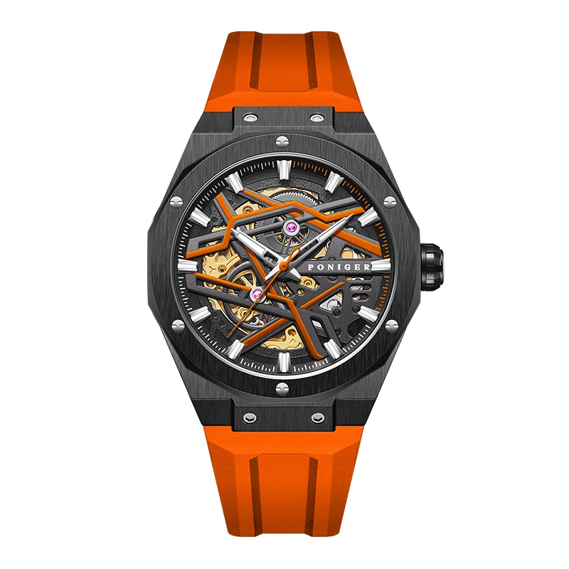 

PONIGER Men Automatic Watch 42mm Mechanical Wristwatch Sport Luminous Skeleton Dial Rubber Strap