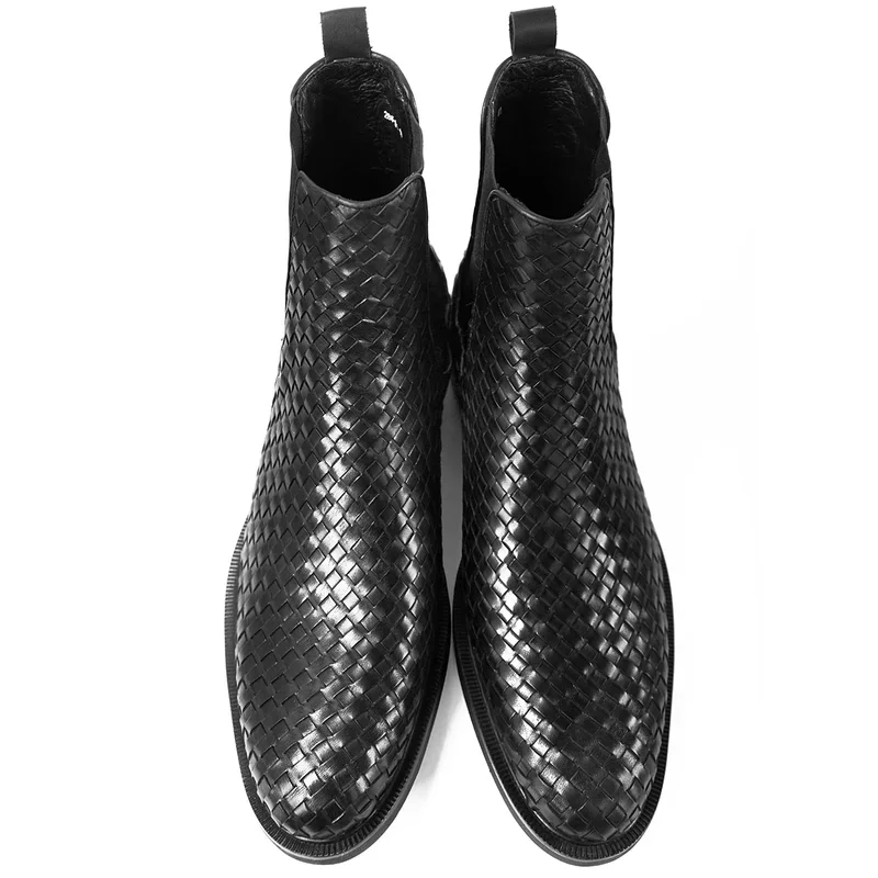 Hanmce black Chelsea boots Spring/ Winter high quality weave pattern genuine leather slip-on elegant luxury ankle boots for men