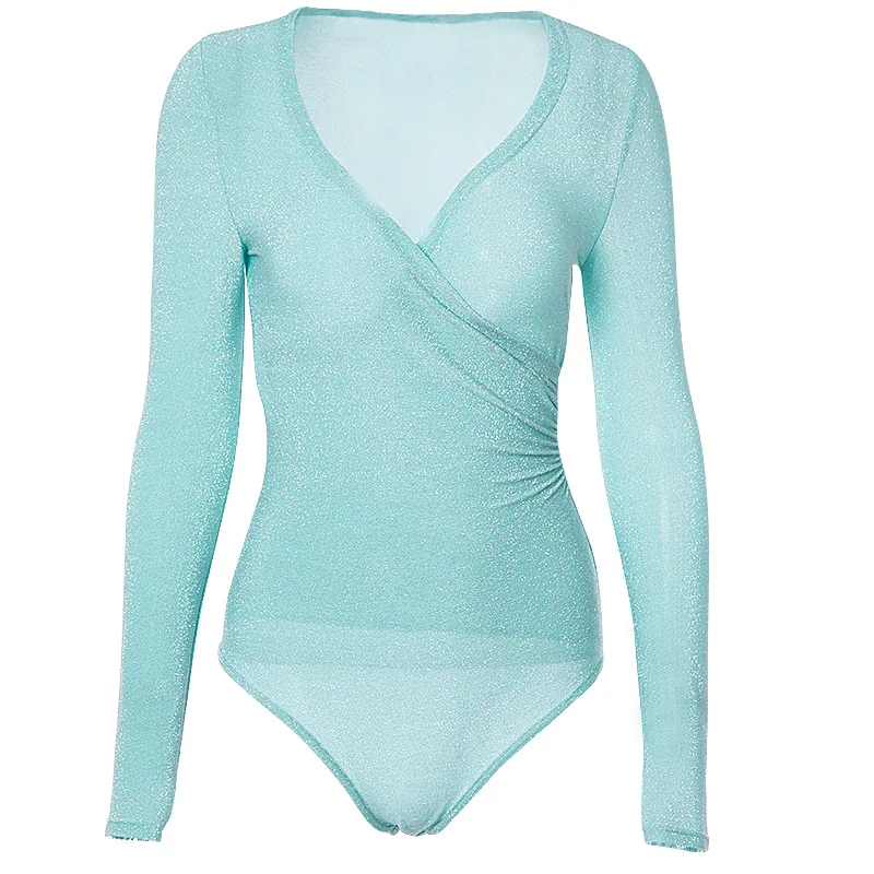 Toplook reflective cross bodysuit women sexy long sleeve V-neck autumn winter fahsion bodycon party club solid body  aesthetic