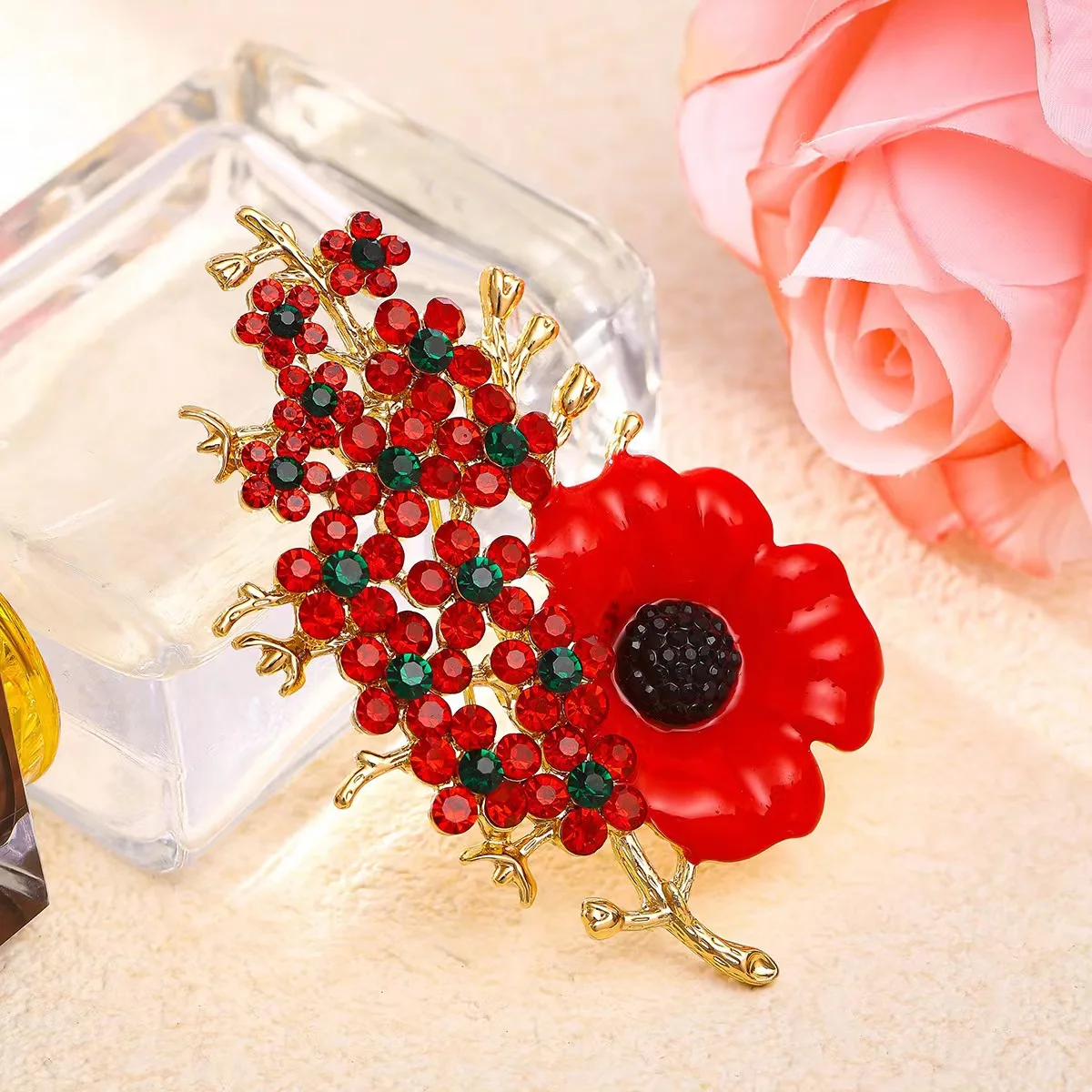 New Rhinestone Poppy Flower Pins for Women Unisex Oil Flowers Brooches Event Party Backpack Decoration Clothes Accessories