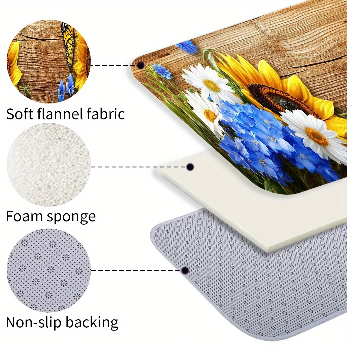 Wood Board Sunflower Blue Hydrangea Daisy Butterfly Print Runner Rug, non-slip absorbent mat for bathroom entry fresh country