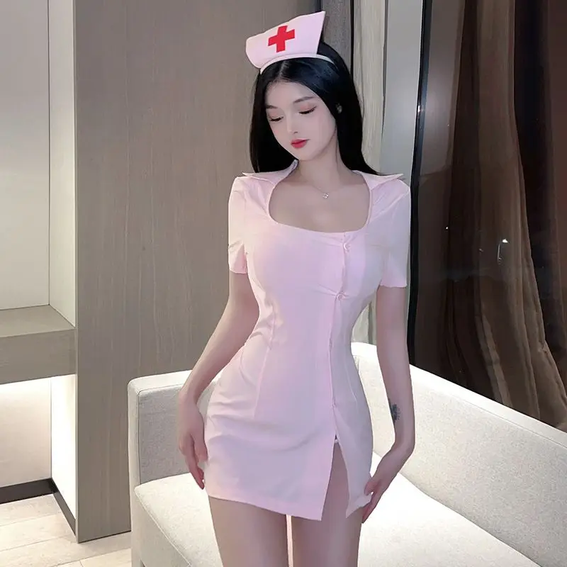 Sexy Lingerie Nurse Uniform Collocation Pink Dress Comfortable and Breathable Nurse Headband T Pants White Fishnet Stockings