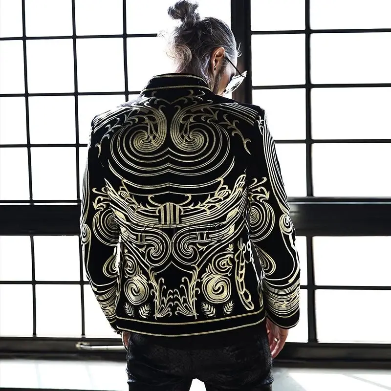 M-3XL Men blazer black embroidery coat Jacket blazer Male DJ Singer Slim Coat Stage Costume Plus Size