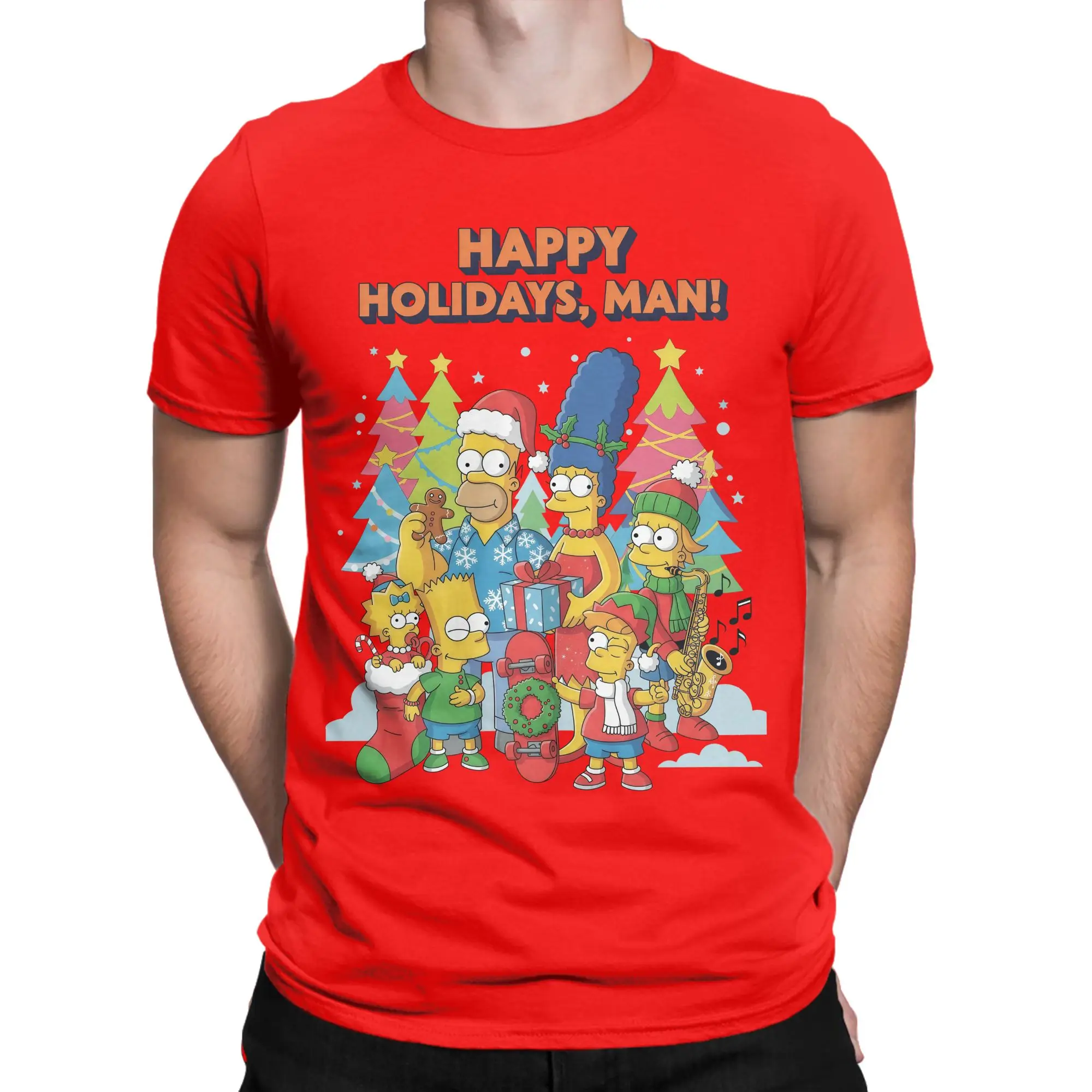 Cartoon S-Simpsons Christmas T-Shirts for Men  Creative 100% Cotton Tee Shirt Round Collar Short Sleeve T Shirt Adult Clothes