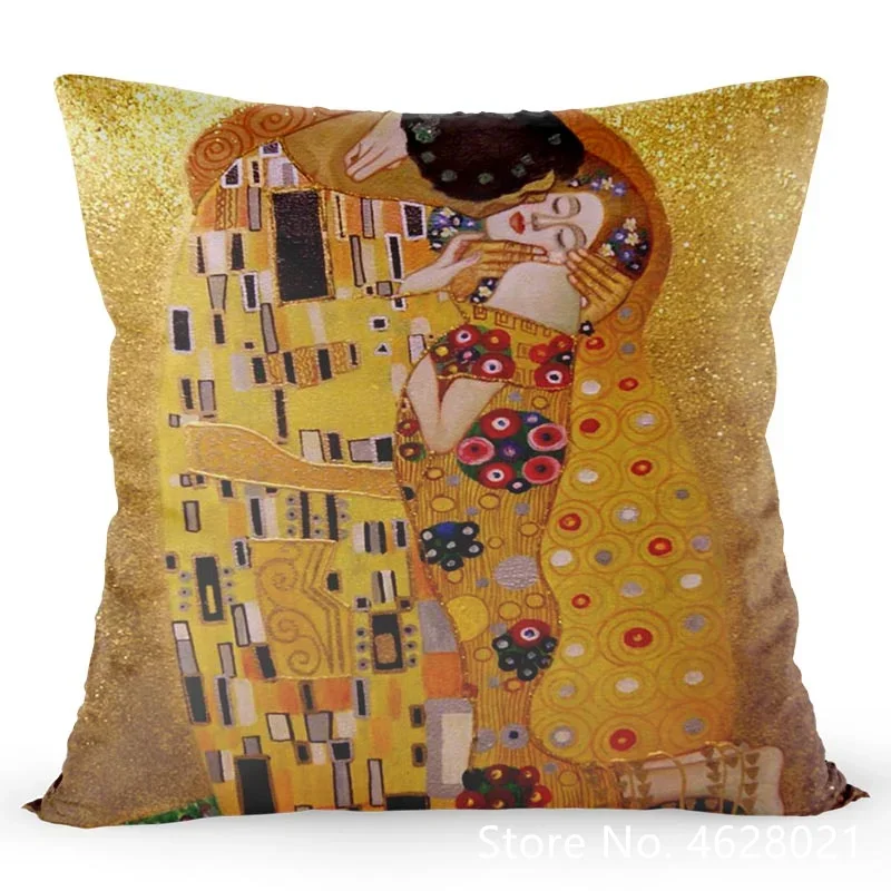 Funda de almohada artística Gustav Klimt, cojín de tela satinada para el hogar, sofá y oficina, nuevo estilo