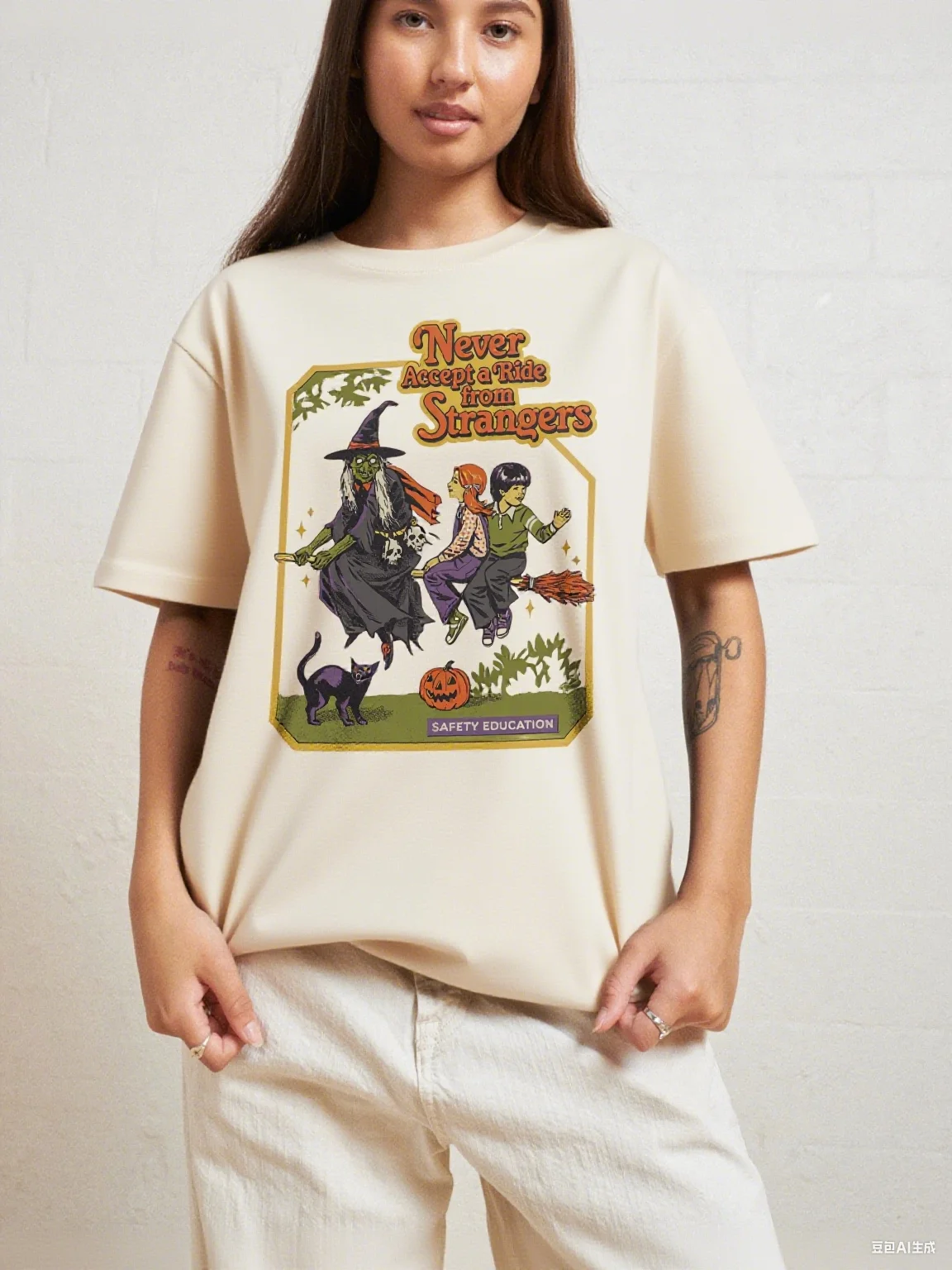 Retro Safety Never Accept A Ride From Strangers Cotton Tee Graphic for Trendy Outfits and Edgy - Halloween Tee All Saints' Day