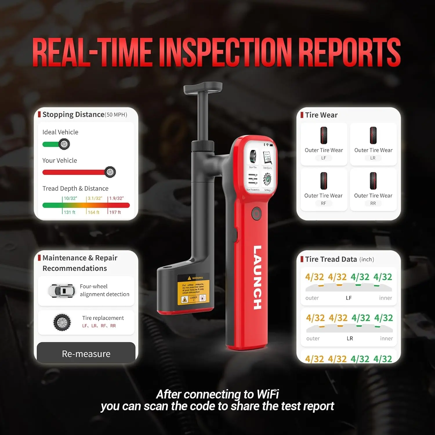 إطلاق X431HTD180 Tread Master مقياس عمق الإطارات بالليزر المحمول 0.1 مم دقة عالية بيانات في الوقت الحقيقي يدعم اتصال Wi-Fi