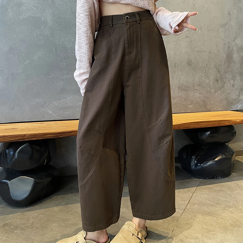 Vintage Elastic Waist Pants Women High Waist Wide Leg Ankle-length Black Pants Female Korean Fashion Zip Up Harem Pants Girls