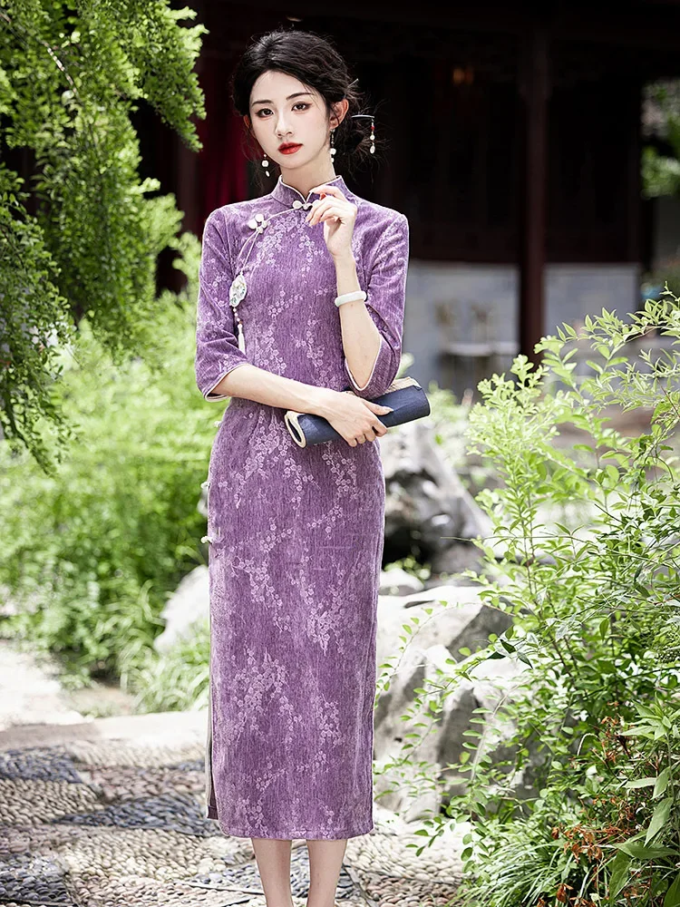 

Print Flower Mandarin Collar Cheongsam Purple Elegant Gentle Qipao Sexy Split Vestidos Oriental Bride Wedding Dresses Party Gown