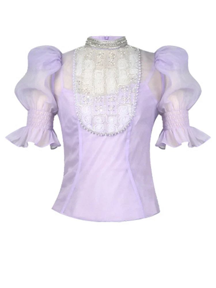 Abbigliamento donna Camicia in chiffon dolce viola con maniche a sbuffo Elegante signora di lusso Sheer Sexy Mujer Slim Top Camicetta casual Moda Estate